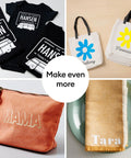 Value Iron-On Rainbow Sampler HTV Set used on black shirts, white bags with flowers, orange pouch, and beige scarf, showcasing versatility.