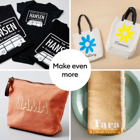 Value Iron-On Rainbow Sampler HTV Set used on black shirts, white bags with flowers, orange pouch, and beige scarf, showcasing versatility.