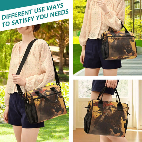 Woman holding Skeleton Cowboy Desert Large Cooler Bag Insulated Lunch Tote Portable Outdoors Leakproof Lunch Box for Women Fits 18 Cans