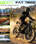 Rider on all-terrain electric mountain bike with 20x4 fat tires, suitable for urban, mountain, off, and snow roads