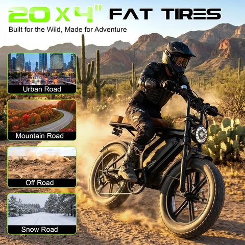Rider on all-terrain electric mountain bike with 20x4 fat tires, suitable for urban, mountain, off, and snow roads