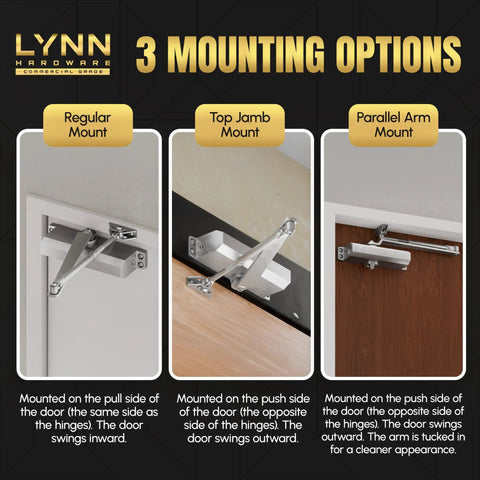 Medium Duty Automatic Door Closer In Dark Bronze With Beefy Cast Aluminum Body; regular, top jamb, parallel mounts shown