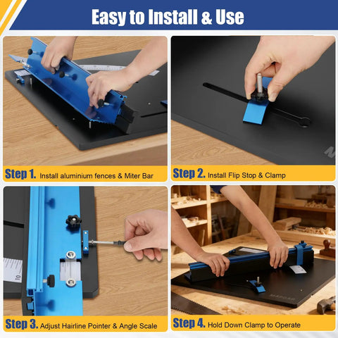 Step-by-step setup of Spot On Table Saw Crosscut Sled Featuring Zero Clearance Edge Plus Adjustable Fence in a workshop.