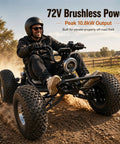 Person riding Electric Off Road Go Kart With 72V 3000W Motor Peak 10.8kW Power, all-terrain tires on dirt path.