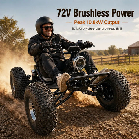 Person riding Electric Off Road Go Kart With 72V 3000W Motor Peak 10.8kW Power, all-terrain tires on dirt path.