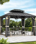 Grill-Ready Outdoor Gazebo 10 By 12 Ft Hardtop With Double Roof, 4 LED Lights, Mosquito Netting, Galvanized Steel, installed on patio