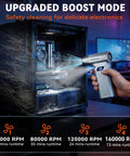 Pro Grade Cordless Air Duster With LED Light And 160,000 RPM Turbo Motor in action cleaning a PC with various speed settings.