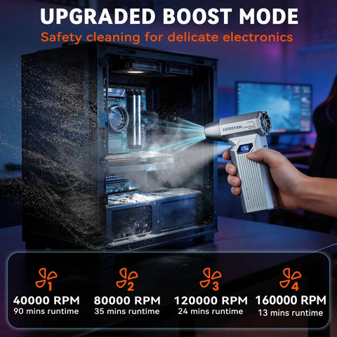 Pro Grade Cordless Air Duster With LED Light And 160,000 RPM Turbo Motor in action cleaning a PC with various speed settings.