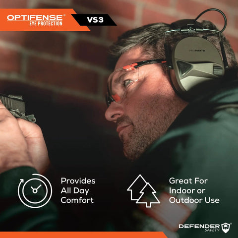 Man wearing VS3 Anti Fog Safety Glasses With Clear Or Tinted Lenses, Pink Frame, shooting range, ANSI Z87 Plus OSHA compliant