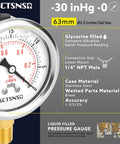 Two And A Half Inch Vacuum Pressure Gauge Glycerin Filled Heavy Duty Build Minus Thirty To Zero InHg Range Quarter Inch NPT Lower Mount Stainless Steel Case Built For HVAC Lines Tanks Piping And Air Pumps with 2.5 inch dial and brass mount