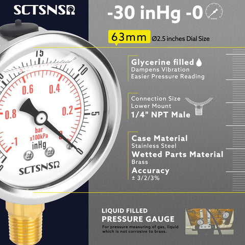 Two And A Half Inch Vacuum Pressure Gauge Glycerin Filled Heavy Duty Build Minus Thirty To Zero InHg Range Quarter Inch NPT Lower Mount Stainless Steel Case Built For HVAC Lines Tanks Piping And Air Pumps with 2.5 inch dial and brass mount