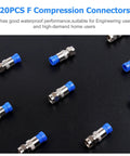 20 PCS blue and silver F compression connectors displayed on a black surface. Coaxial Compression Tool Kit Pro Grade F Type Crimper For RG6 RG59 RG11 Cables Includes Coaxial Cable Stripper And 20 F Compression Connectors Built To Last And Easy To Use In Tight Spots For Quick Coax Upgrades And Installations.