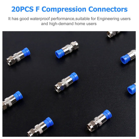 20 PCS blue and silver F compression connectors displayed on a black surface. Coaxial Compression Tool Kit Pro Grade F Type Crimper For RG6 RG59 RG11 Cables Includes Coaxial Cable Stripper And 20 F Compression Connectors Built To Last And Easy To Use In Tight Spots For Quick Coax Upgrades And Installations.