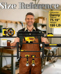 Man holding Power Tool Organizer Wall Mount With Charging Station And Heavy-Duty Surge Protection, 10-Tier Tool Rack Holds 400 Lbs, Includes 4 Cordless Tool Stations And 6Ft Power Strip For Garage Workshop in garage.