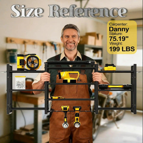 Man holding Power Tool Organizer Wall Mount With Charging Station And Heavy-Duty Surge Protection, 10-Tier Tool Rack Holds 400 Lbs, Includes 4 Cordless Tool Stations And 6Ft Power Strip For Garage Workshop in garage.