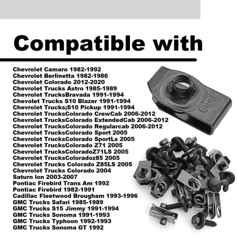 Heavy Duty M8-1.25 Body Bolts and Extruded U Nut Kit compatible with GM vehicles and various Chevy models