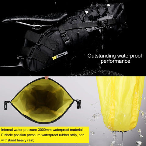 Waterproof Bike Saddle Bag With Expandable 10L And 13L Capacity Under Seat Pouch for mountain road biking, shown outdoors.