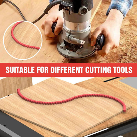 Flexible Router Template 78 Inch Plastic Edge Guide Kit demonstrating use with a router on wood for perfect arcs.