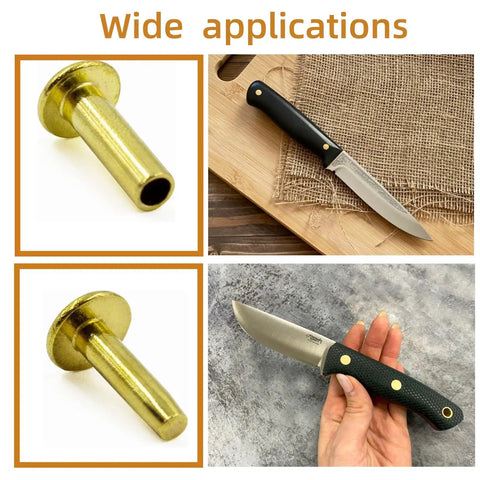 Brass Knife Handle Rivets 25 Piece Set for Knife Making High Strength 5/16 by 1/2 Inch Pins with knives in use