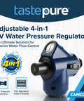 Tastepure 4-In-1 Adjustable RV Water Pressure Regulator With 90 Degree Hose Elbow, Built-In Pressure Gauge, Adjustable Regulator, And Shut-Off Valve For Safe, Flexible RV Water Hookups, blue body with gauge