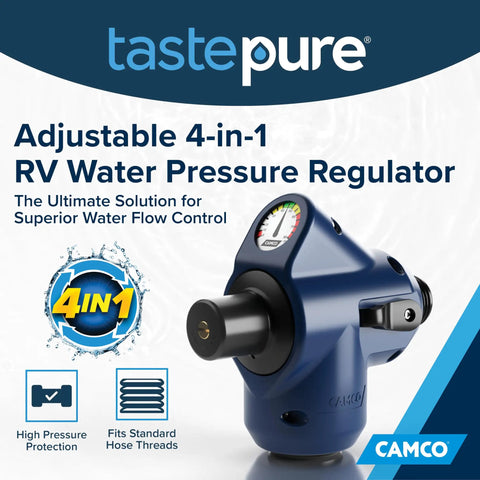 Tastepure 4-In-1 Adjustable RV Water Pressure Regulator With 90 Degree Hose Elbow, Built-In Pressure Gauge, Adjustable Regulator, And Shut-Off Valve For Safe, Flexible RV Water Hookups, blue body with gauge
