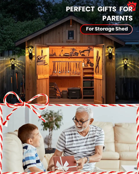 Solar Wall Lanterns Two Pack illuminating a storage shed at night, showcasing warm ambient glow, waterproof design for outdoor lighting.