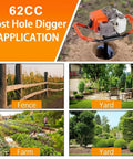 Gas Powered 62cc Auger Post Hole Digger With Three Drill Bits 3 Inch 5 Inch 8 Inch And Three 24 Inch Extensions in various applications including fence, yard, farm.