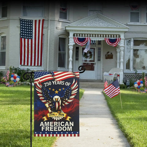 250th Anniversary USA Garden Flag Outdoor Double Sided Totally Patriotic Banner 12 X 18 Inch Eagle Stars And Stripes Design on porch