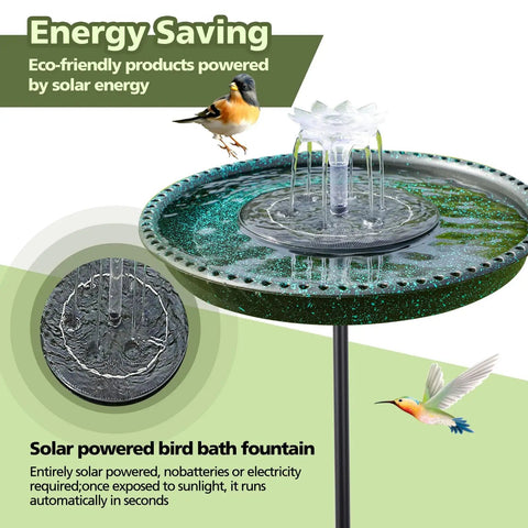 Solar Powered Bird Bath Fountain With Lotus Flower Nozzle And Five Prong Stake Base For Outdoor Patio Garden Yard Decor