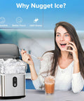 Woman with Nugget Ice Maker Countertop 34 Lbs Per Day Portable Ice Machine enjoying drink, showcasing crushed ice feature in kitchen.
