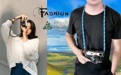Person using vintage 100cm nylon climbing rope camera strap for micro single and DSLR cameras in army green