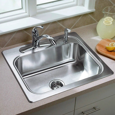 Southhaven 25 Inch By 22 Inch Top Mount Single Bowl Kitchen Sink In Stainless Steel With Six And A Half Inches Deep Basin Built To Last Self Rimming Design Four Hole Faucet Prep Silent Shield Noise Reduction Made In The United States