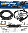 Plug And Play 300HP Hydraulic Outboard Steering Kit for boats including helm pump, electroplated wheel, cylinder, and PU hoses.