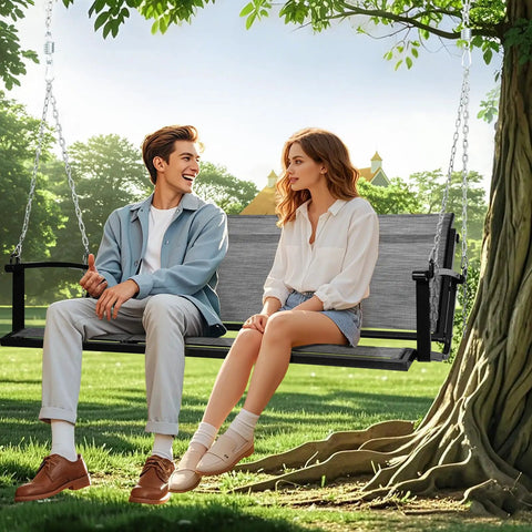 Couple sitting on Textilene Three Seat Hanging Swing For Backyard Chill Sessions With 5.2 Ft Patio Bench Heavy Duty Outdoor Porch Swing
