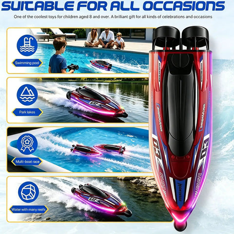 LED Light RC Boat With Dual Brushless Motors, 2 Batteries, 25 KMH Dope Fast Remote Control Racer For Kids And Adults, pool use