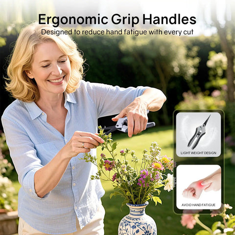 Woman using Six Point Five Inch Pruning Shears Set, Two Pack Garden Scissors With Stainless Steel Blades, ergonomic handles, outdoor setting
