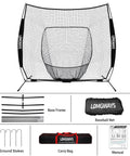 7x7 Baseball Practice Net With Steel Frame For Batting Hitting And Pitching Portable Softball Net For Training Carrying Bag Easy Setup Big Mouth Catch Area To Save Time Chasing Balls with components including base frame, ground stakes, carry bag, and manual.