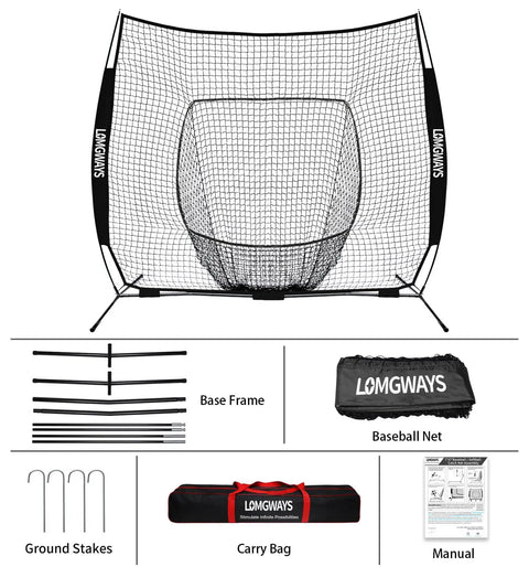 7x7 Baseball Practice Net With Steel Frame For Batting Hitting And Pitching Portable Softball Net For Training Carrying Bag Easy Setup Big Mouth Catch Area To Save Time Chasing Balls with components including base frame, ground stakes, carry bag, and manual.