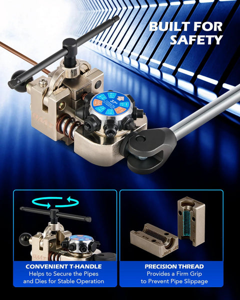 Orion Motor Tech brake line flaring tool kit, front view; blue dial, brass-toned metal, T-handle 3/16–3/8 in tubes