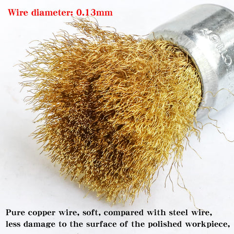 Close-up of brass wire 0.13mm end brush from Six Piece Brass Wire Wheel Brush Set For Drill With One Quarter Inch Shank Crimped Cup