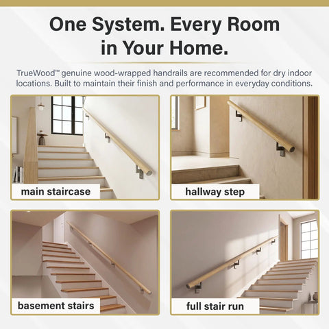 Collage of Oak 3-Foot Flush Handrail Kit For Indoor Stairs in staircase and hallway settings, with pivot brackets and endcaps