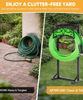Side-by-side of a tangled hose and Beefy Garden Hose Holder With Storage Basket And Tool Hooks Freestanding Metal Hose Stand