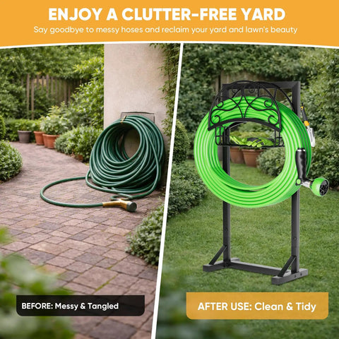 Side-by-side of a tangled hose and Beefy Garden Hose Holder With Storage Basket And Tool Hooks Freestanding Metal Hose Stand