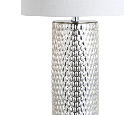Isabella Studded Glass Table Lamp, 30-Inch Contemporary Glam Silver Leaf Base With White Linen Drum Shade, LED Included
