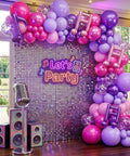 Party setup with Pink And Purple Music Note Foil Balloons Set, 12 Inch Metallic Balloons Mix For Birthday Parties and Events