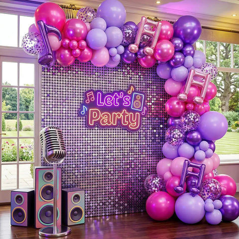 Party setup with Pink And Purple Music Note Foil Balloons Set, 12 Inch Metallic Balloons Mix For Birthday Parties and Events
