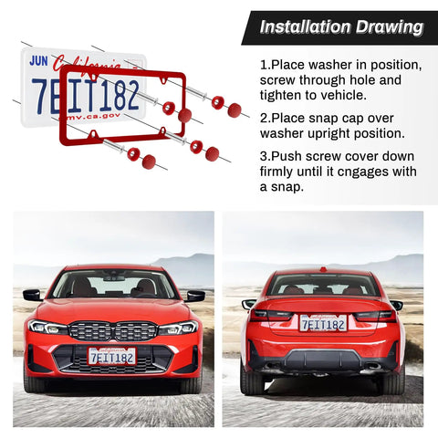 Stainless Steel 4 Hole License Plate Frames For US Vehicles Red With Screws Washers And Caps Heavy Duty Car Exterior Accessory Rust Resistant 1.2mm Thick Powder Coated Finish installation