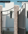 Seven Inch Heavy Barrel Gate Hinges Built Tough As Nails Rock Solid Steel Construction Supports 900 Pounds Weld On Matte Black Finish Perfect For Fence Gates And Driveway Ramps Two Pack shown on a gate with 180-degree rotation.