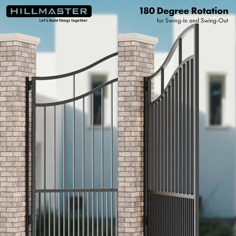 Seven Inch Heavy Barrel Gate Hinges Built Tough As Nails Rock Solid Steel Construction Supports 900 Pounds Weld On Matte Black Finish Perfect For Fence Gates And Driveway Ramps Two Pack shown on a gate with 180-degree rotation.
