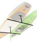 Garage Ceiling Kayak Rack With Adjustable Hangers For Two Kayaks SUPs And Surfboards Space Saving Ceiling Storage Solution Up To 200 Lb Total Capacity, showing overhead installation with two kayaks.